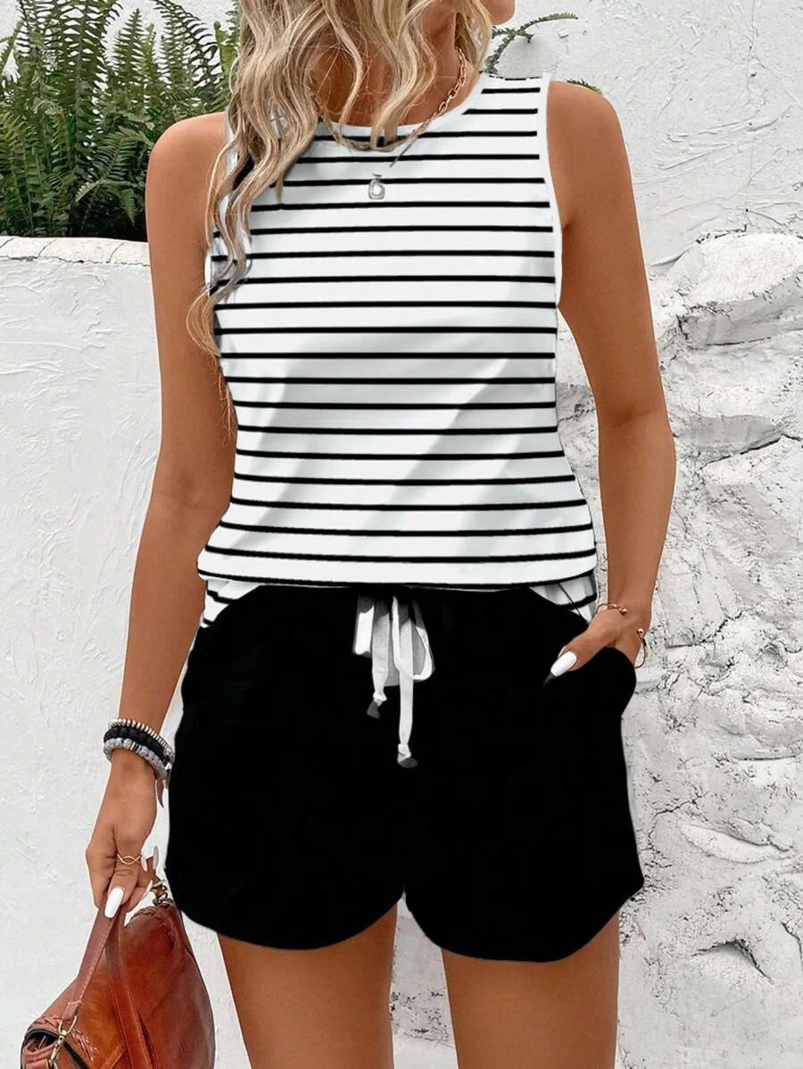 

Women's Summer Round-Neck Vest with Waist-Tie Shorts Set