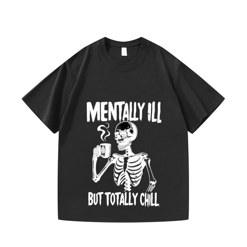 تي شيرت رجالي بهيكل عظمي أسود لشرب القهوة بشكل عقلي فاسد ولكن سيناريوهات الهالوين البرد بالكامل تي شيرت جرافيك مضحك #1