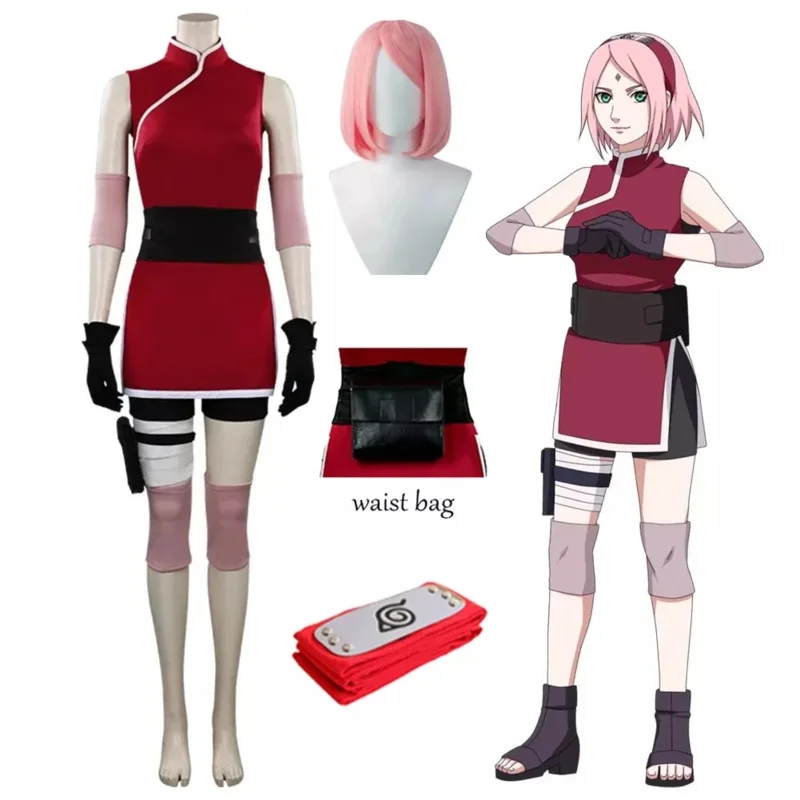 Haruno Sakura cosplay costume wig women girls skirt outfit ninja headband props anime Halloween carnival costumes New