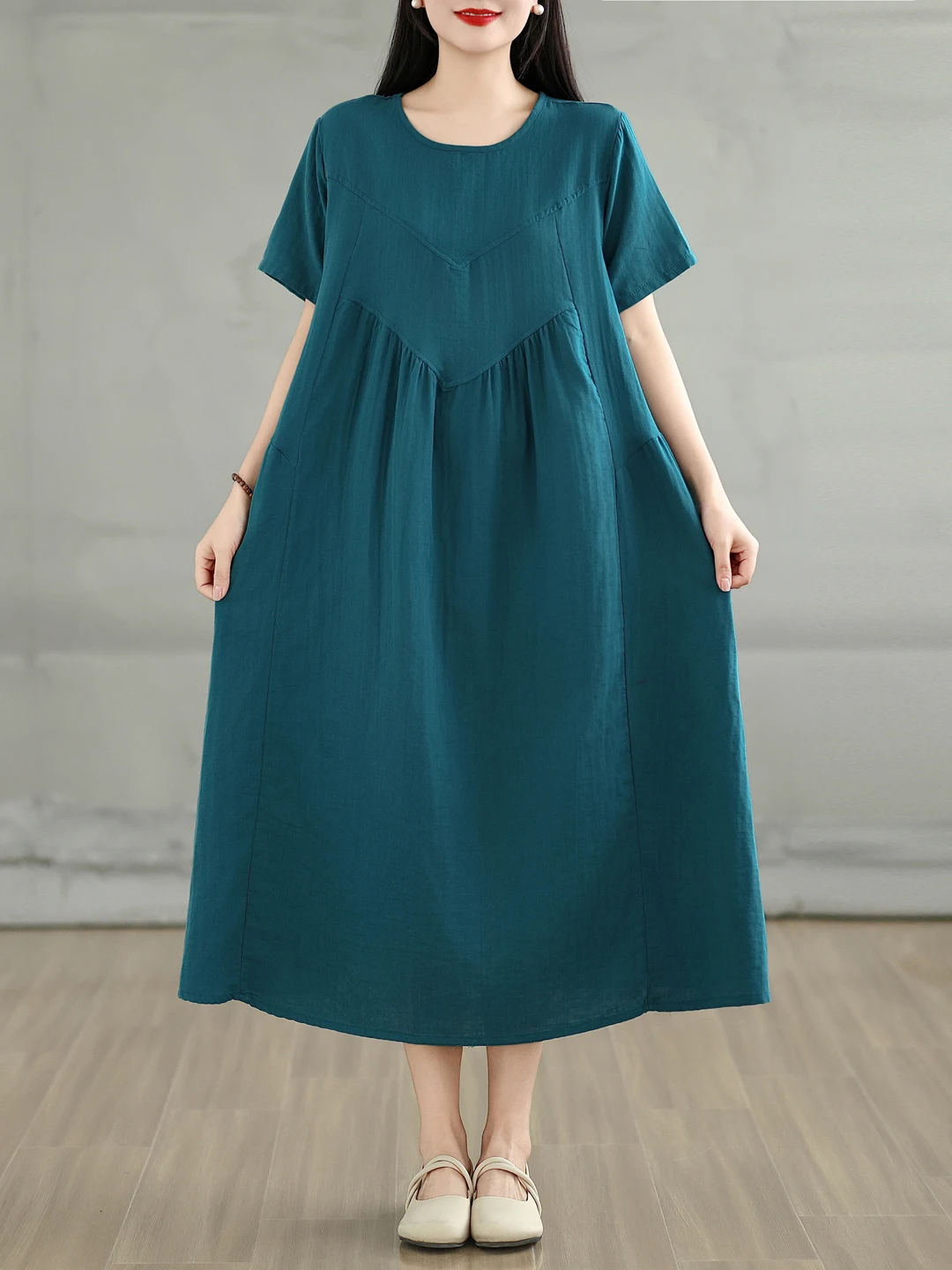 

Retro Cotton round Neck Short Sleeve Dress Women Loose plus Size Slimming Splice Thin Trendy Citywalk High Waist A-Line Skirt