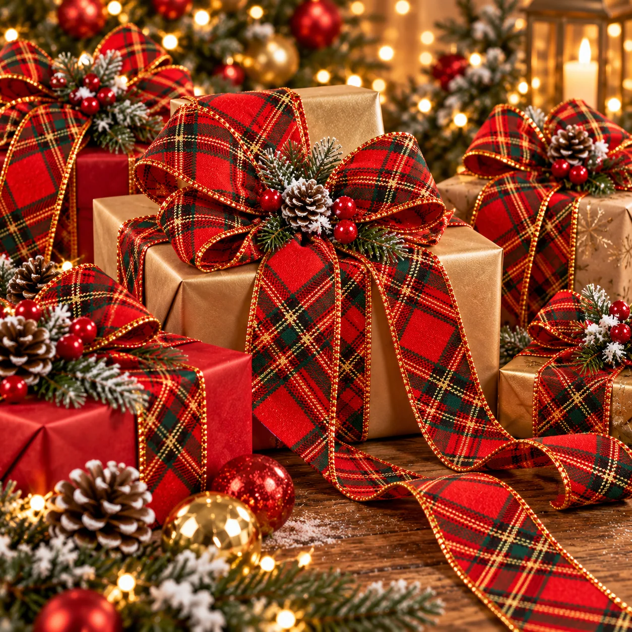 Christmas Red Green Plaid Wired Ribbon Gold Edge, Decorative Ribbon for Xmas Tree, Gift Wrap, Wreath & DIY Bow Crafts