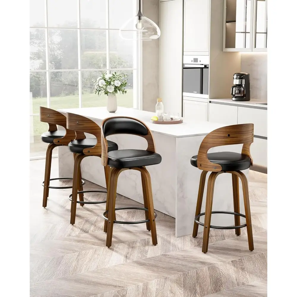 

Set of 4 Swivel Counter Height Bar Stools with PU Leather Seats and Footrests, Ideal for Modern Kitchen Islands and Bars, Black