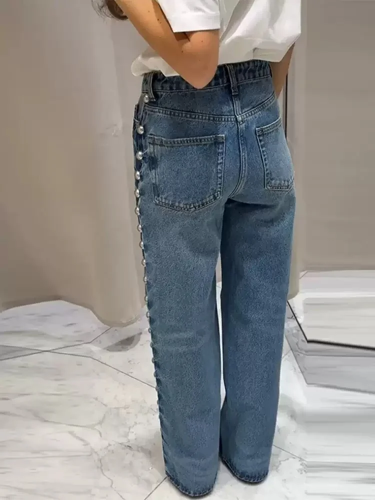 2025 Trend Y2K Style Washed Blue Rivet Design Baggy New Jeans Pants For Women Clothing Casual Lady Denim Trousers Pantalon Femme