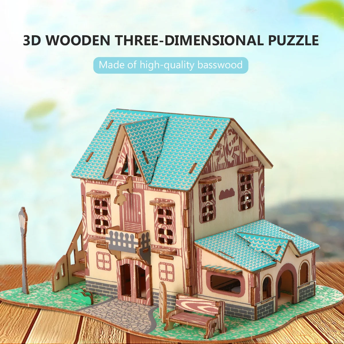3D Brightly Colored Wooden House Design Smooth Finish Educational Diy Brain Teaser For Kids Hand-Eye Coordination Wood