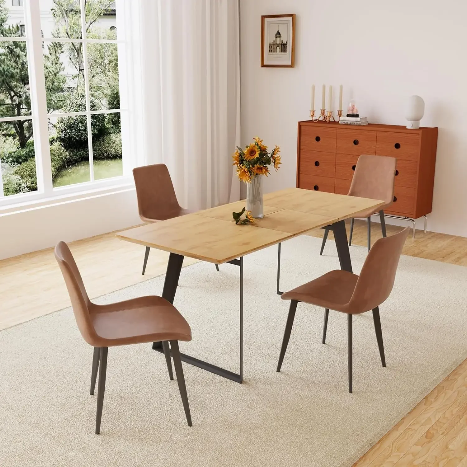 Modern mid-Century  Table Dining Table and Chairs Rectangular Wooden  Table Expandable  Space-