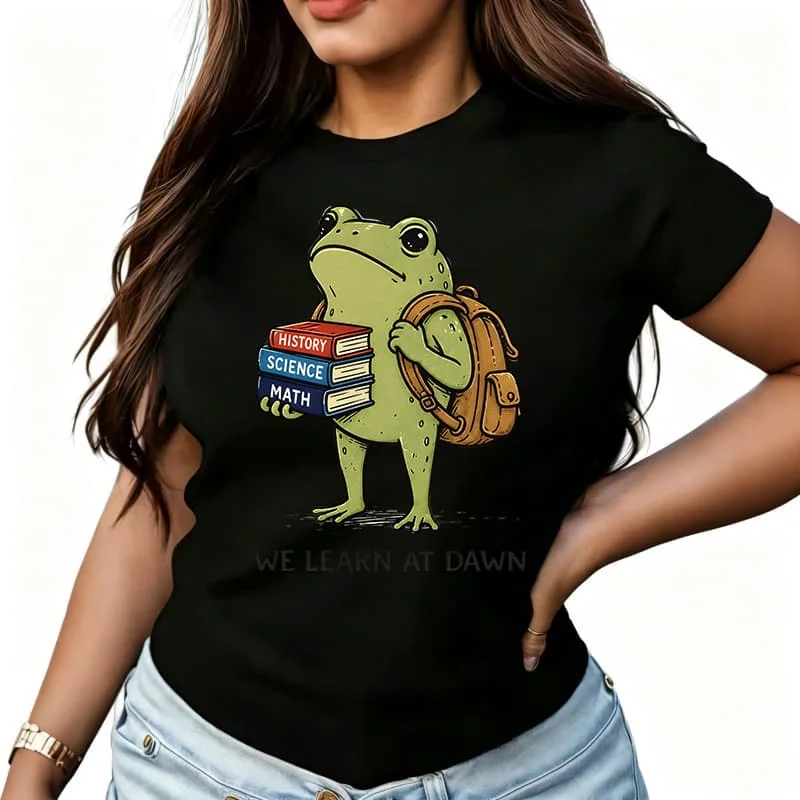 Funny We Learn at Dawn Frog Book Women's T-Shirt 100% Cotton Funny Graphic Short Sleeve Tee Novelty Shirt Casual Crew Neck Top S-5Xl
