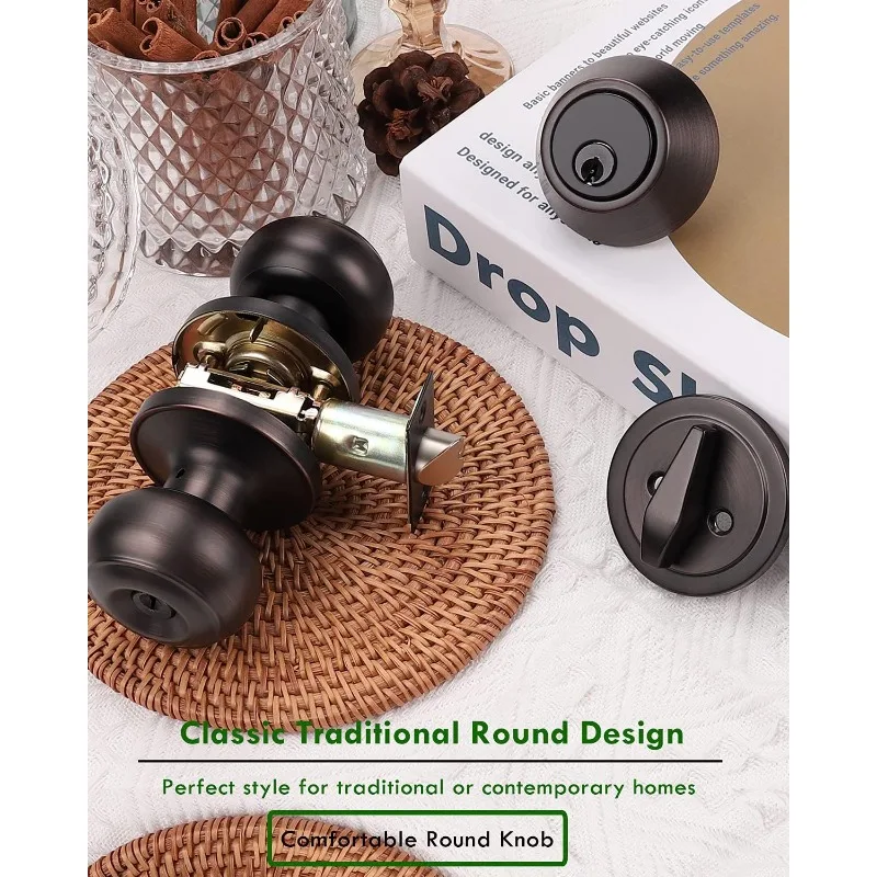 5 Pack Entry Door Knob and Deadbolt Set, Keyed Alike Oil Rubbed Bronze Exterior Door Knob with Single Cylinder Deadbolt Lock Set