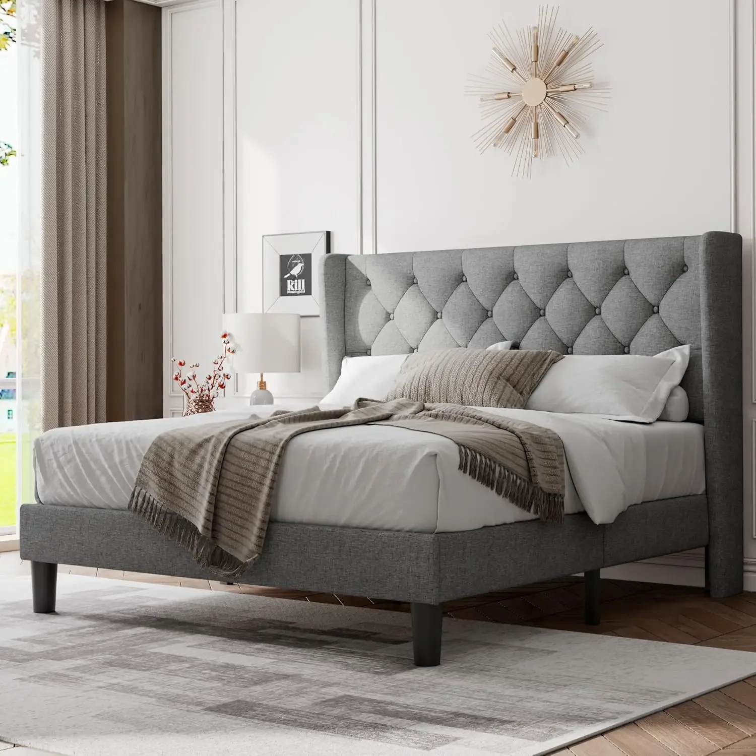 Queen Bed Frame with Upholstered Headboard, Platform Bed and Heavy Duty Wooden Slats Support, Easy Assembly