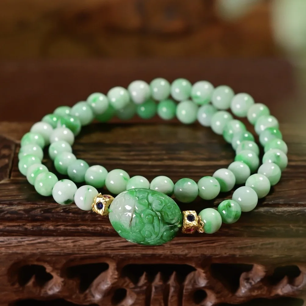 Natural Grade A White‑Base Green Jadeite Double‑Loop Bracelet,Carved Spicy‑Green Oval Bead,S925 Gold‑Plated Chinese Jewelry