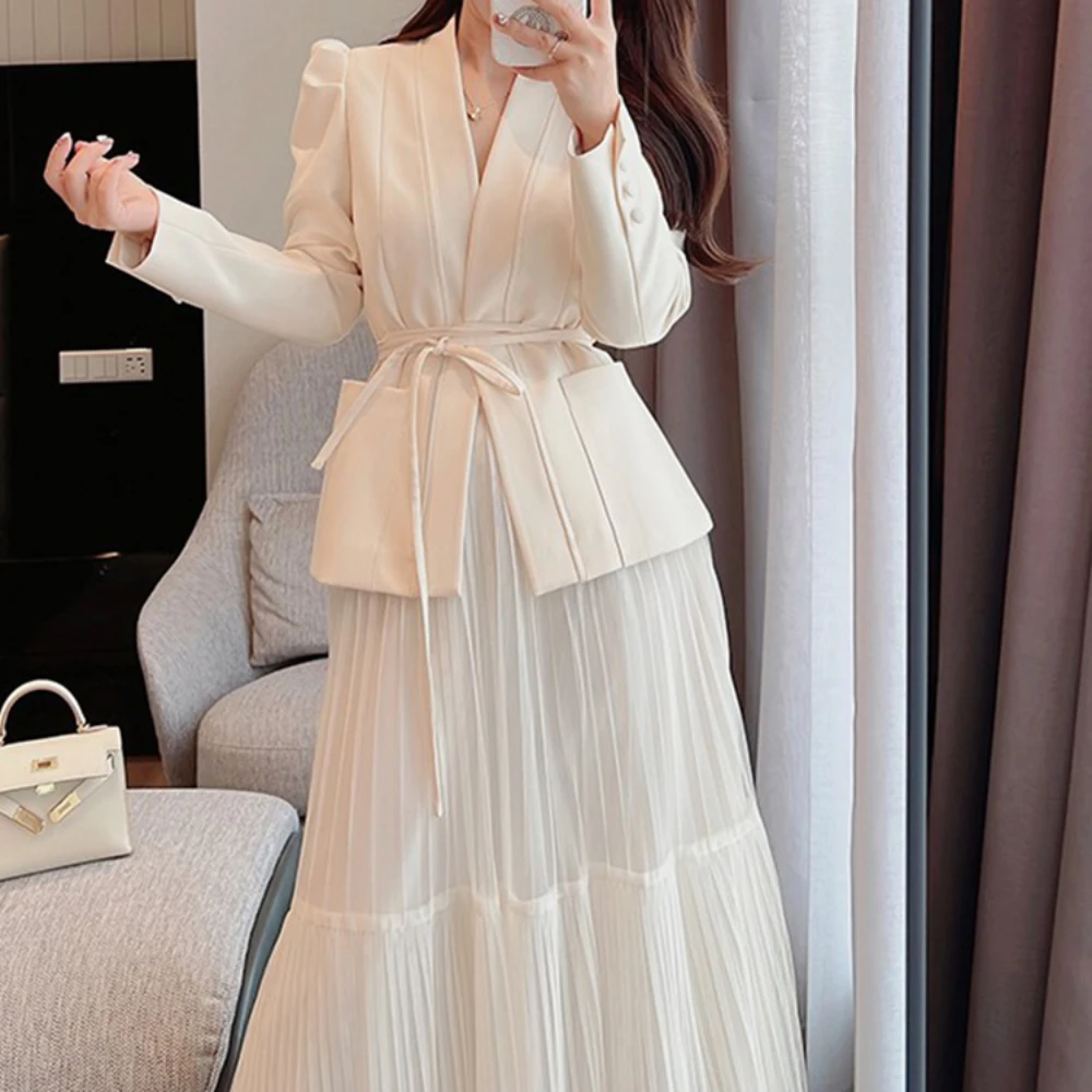 STEVDITG Women Elegant Skirt Suit Mother of The Bride Wedding Guest Dress 2-Piece V-neck Formal Clothes Lace-Up Blazer Sleeves