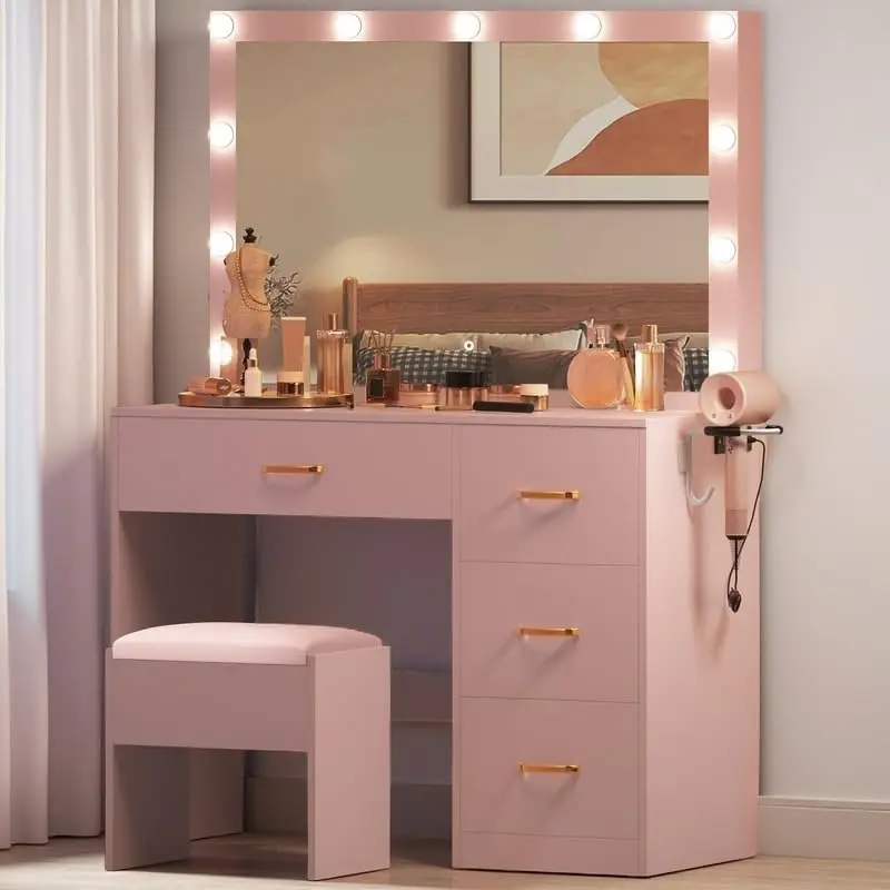 Pink Vanity Desk with LED Mirror, 4 Drawers, Power Outlet & Stool - Adjustable Lighting for Makeup