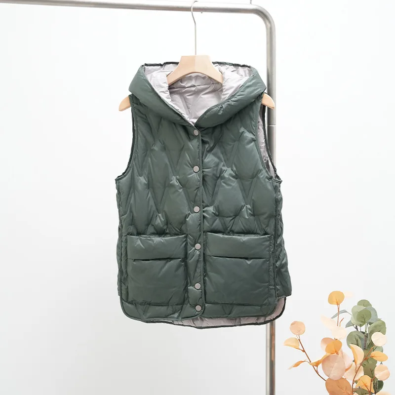 Autunno inverno leggero sottile bianco piumino d'anatra gilet donna caldo con cappuccio giù serbatoio Jakcet signore Casual allentato senza maniche gilet