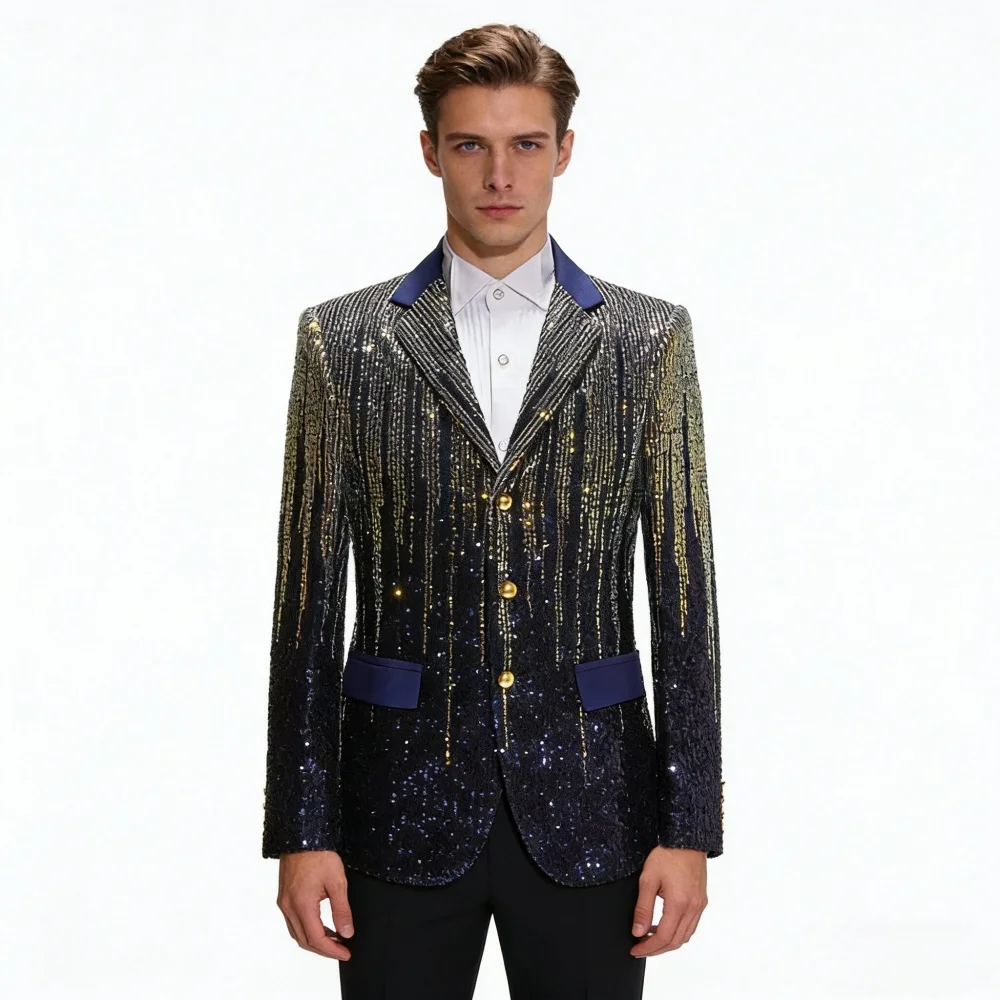 Fashion Shiny Sequins Gradient Suit Jackets Men's Singer Host Slim Tuxedo Coat Bar Nightclub Stage Luxury Performance Clothes