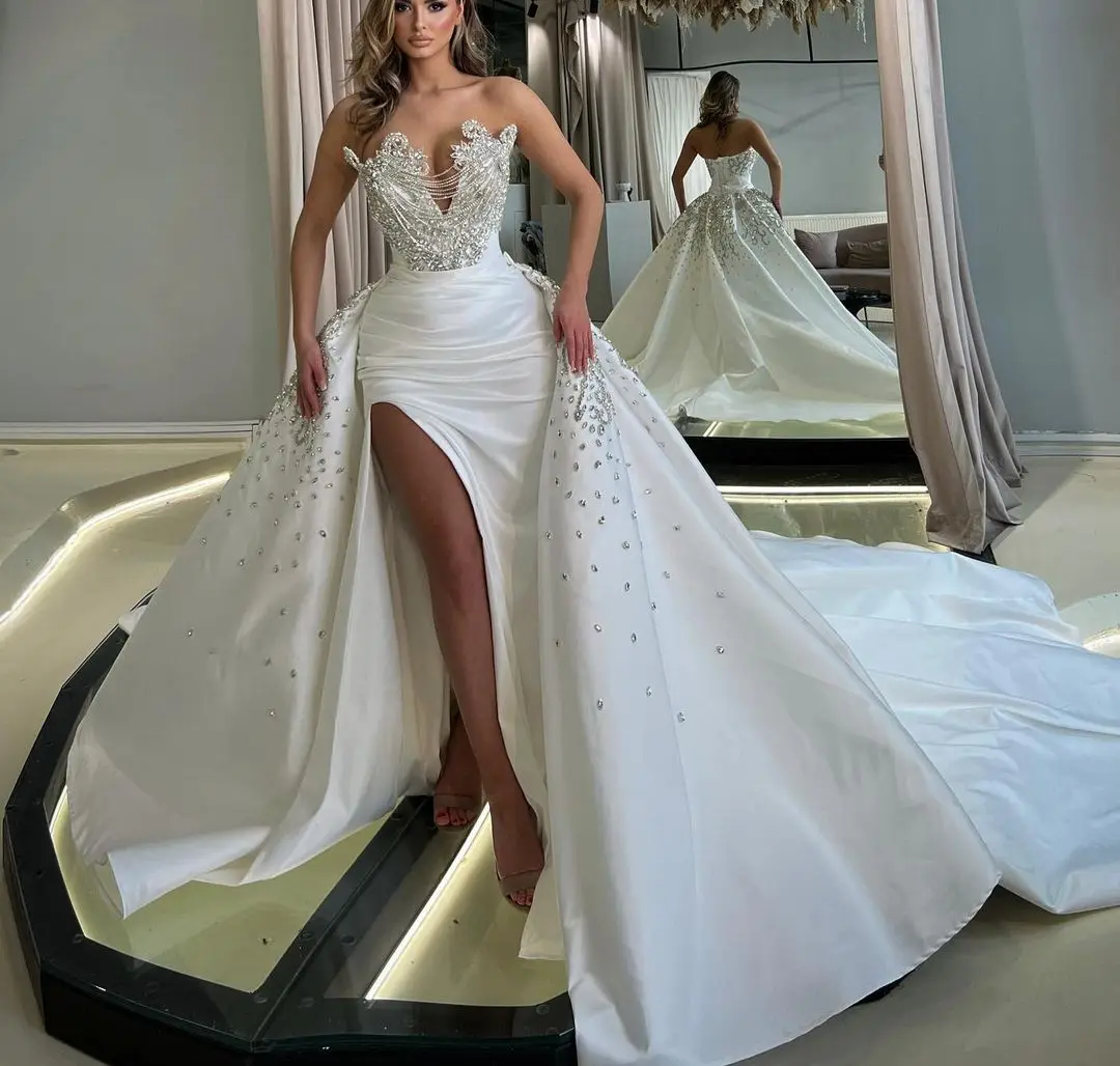 

Wedding Dresses Sleeveless V Neck Sequins Appliques Beaded Diamonds Detachable Train Side Slit Bridal Gowns Vestina De Novia