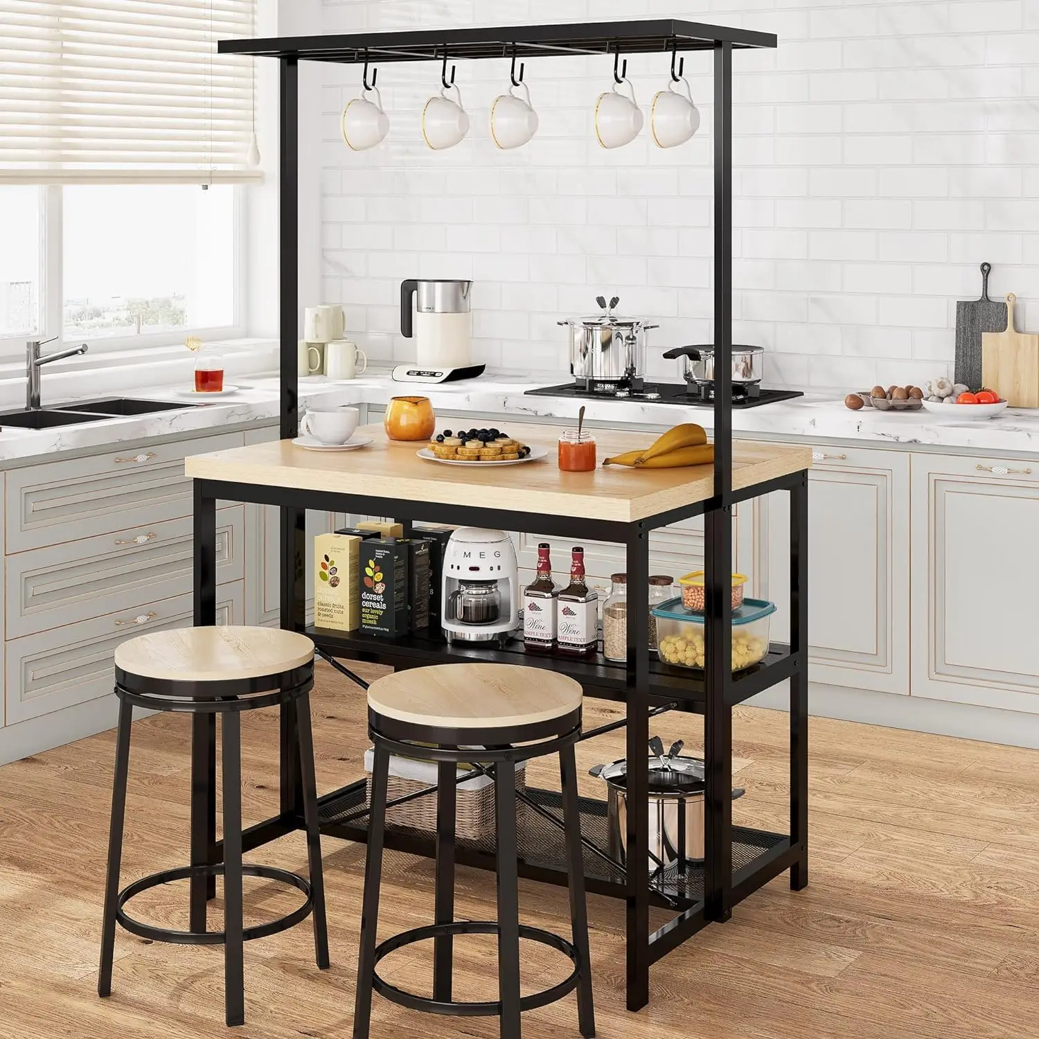 Kitchen Island with Storage, 42''Island Table for Kitchen, Bakers Rack Microwave Oven Stand Shelf with 3 Tier Storage