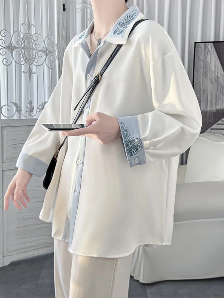 

Новая мужская рубашка в китайском стиле с вышивкой, длинными рукавами, модная, в стиле ретро, высокого качества, повседневная одежда