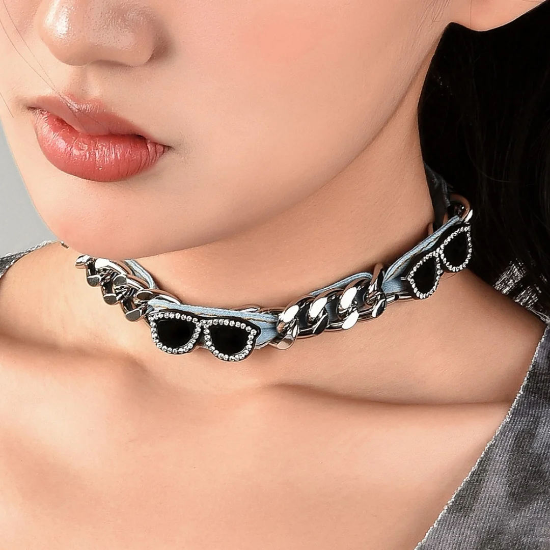 

DUTRIEUX Cool Hip-hop Thick Chain Patchwork Denim Personalized Eyewear Collar Chain Choker Neo-Gothic Punk Necklace Jewelry Gift