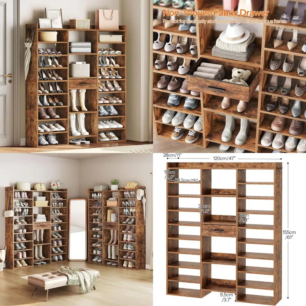 منظم رف أحذية خشبي كبير مع أدراج قماشية، تخزين طويل 47-61 لزوجين 25-33، رف أحذية موفر للمساحة #1