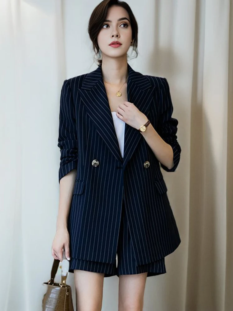 New 2024 Spring Blazer For Women 2 Piece Set Korean Fashion Design Casual Striped Coat And Shorts Sets Women Outwears Hot Sale