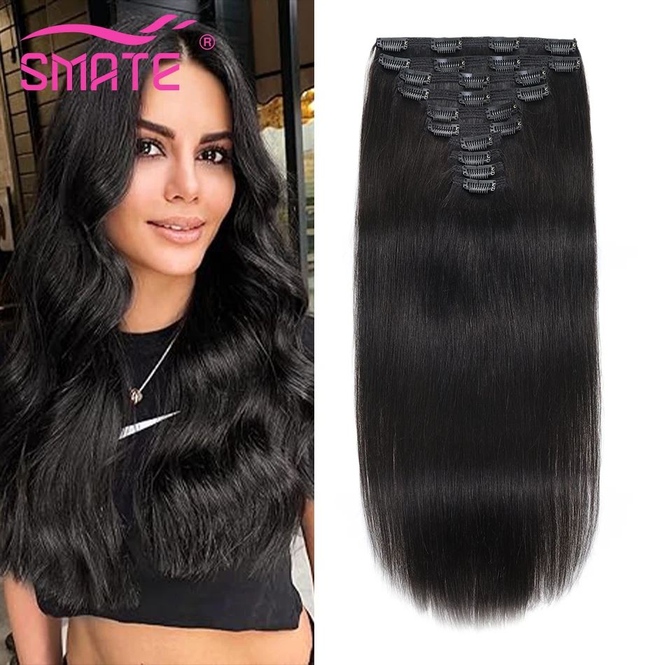 Brazilian Clip-In extensões de cabelo humano, Natural Remy Hair, cabeça cheia, Strit, 14-28 em, 10PCs