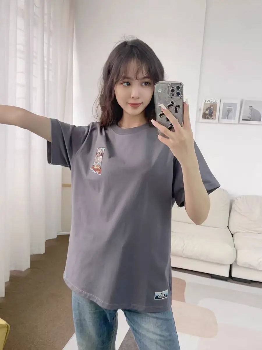 

Real Video T-shirts For Women Dark Grey Color Trend Cotton Tees Short Sleeves Summer Loose Pulls Clothing Tops Tanks