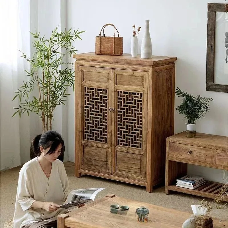 Wabi Sansan wiatr z litego drewna rzeźbiony kwiat i jadalnia szafka boczna stary wiąz chińska koronkowa szafka boczna