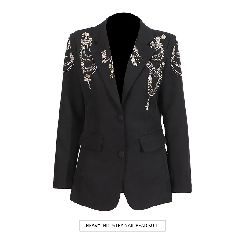 

Women's Diamond Embellished Solid Color Suit Jacket Fashionable Nail Bead Design European American Style Spring New
