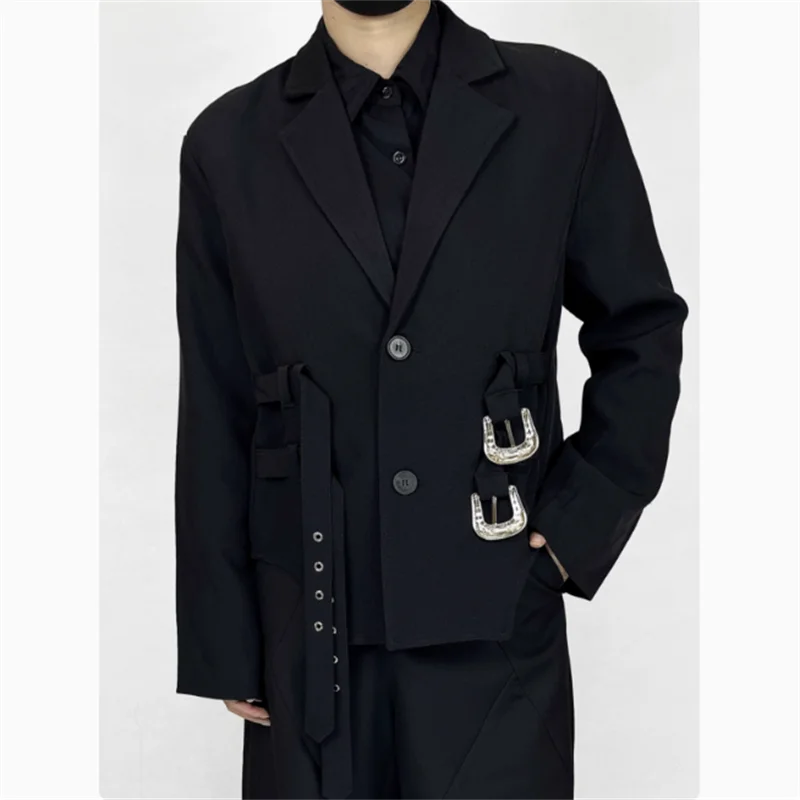 Dark short small suit men loose asymmetrical waist buckle decoration small fashion suit coat