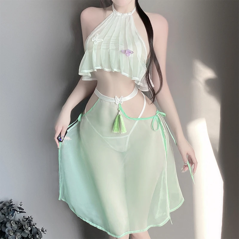 Chinese Hanfu Skirt Sexy Lingerie Classical Bellyband Pajamas Traditional Cosplay Costumes Gauze Tassels Women's Set Green New