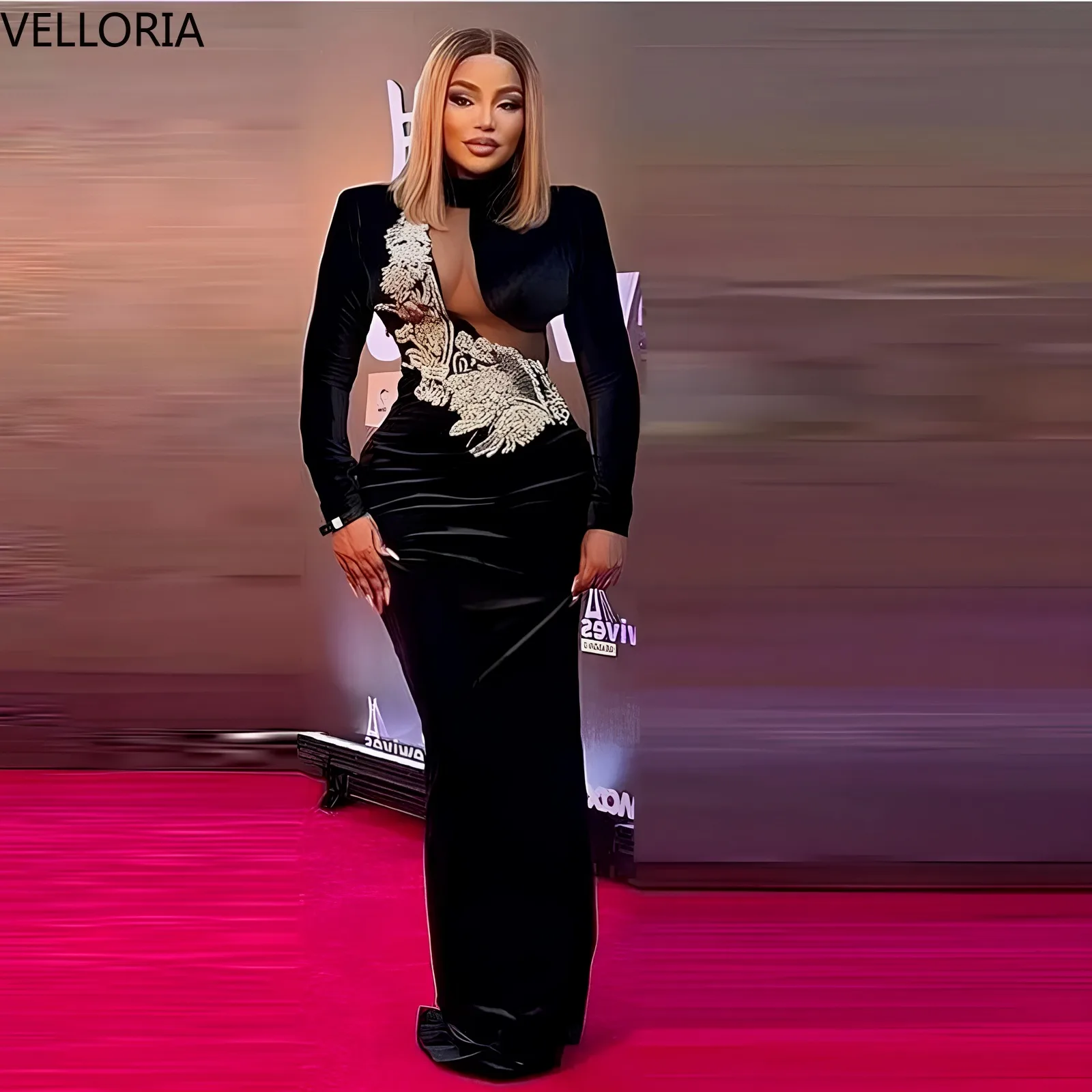 Luxuriöses Schwarzes Seiden-Ballkleid Elegantes Meerjungfrau-Design mit Perlen Langarm Formelles Damen-Abendkleid für den Red-Carpet Anpassbar