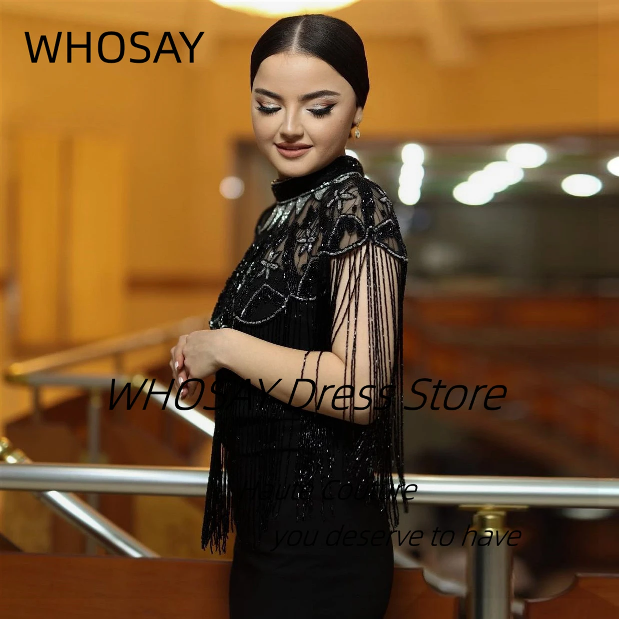 WHOSAY Black Prom Dresses Luxury Beading Tassels Wraps Pageant Party Saudi Arabia Ankle Length Bride Evening Gowns image 4