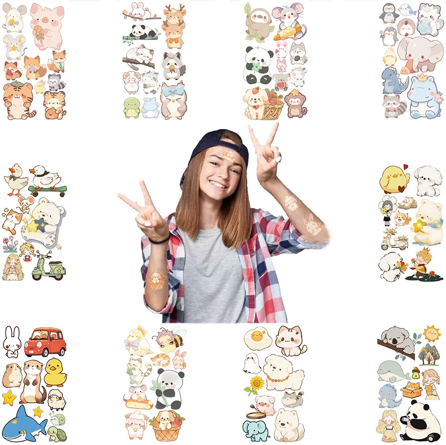 10 Uds. De pegatinas de tatuaje de animales de dibujos animados bonitos, tatuajes temporales impermeables Kawaii para niños, juguete para fiesta de cumpleaños, regalo de recompensa
