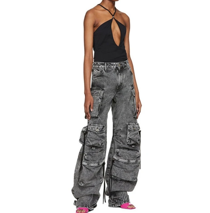 

2025 New Fashion Women's Fashionable Smoke Gray Spliced Multi Pocket Work Pants Street Wash Distressed Long and Wide Leg Pants