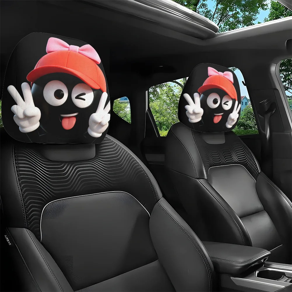 2pcs Cartoon Character Printed Car Headrest Covers | Red Hat with Pink Bow, Playful Expressions, Victory Sign, Stretch Fit