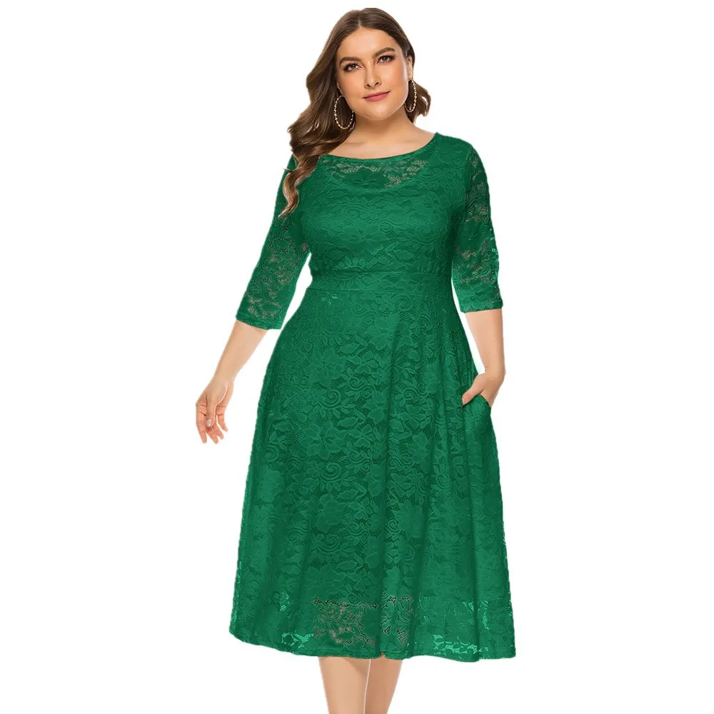 

Elegant Round Neck Plus Size Lace Mid Length Dress With Half Sleeves