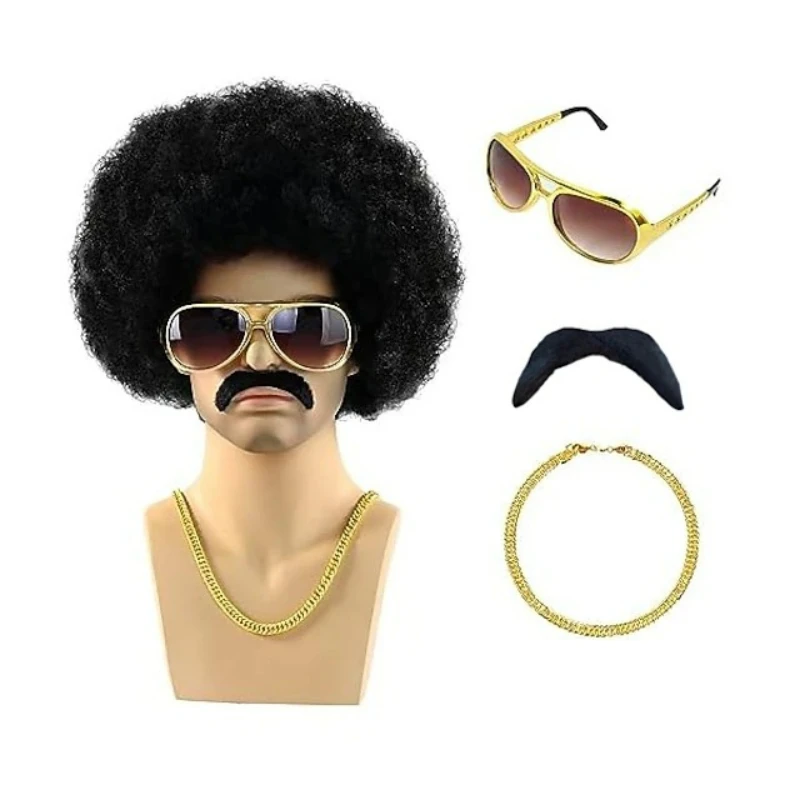 Parrucca afro sintetica da uomo africana Parrucca da 4 pezzi + occhiali + collana DISCO + barba Parrucca da discoteca anni '70 e '80 Parrucca da donna Soffici capelli corti
