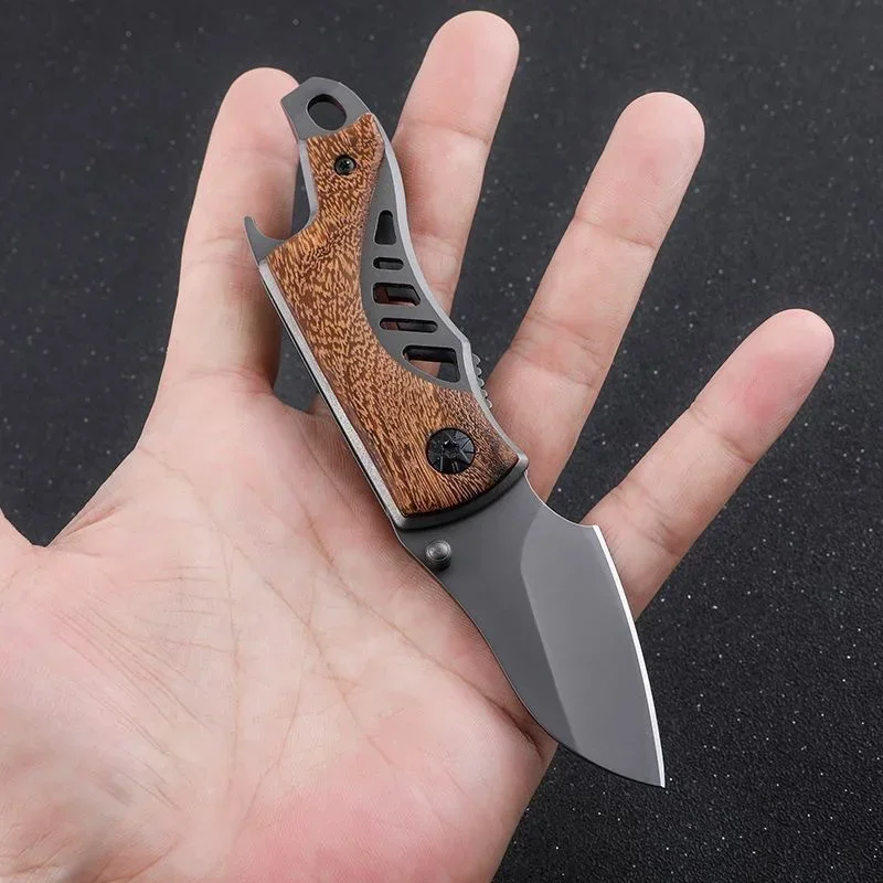 Portable Folding Knife, Stainless Steel Blade, Wooden Handle, Keychain Pendant, Travel Camping Tools, Holiday Gifts