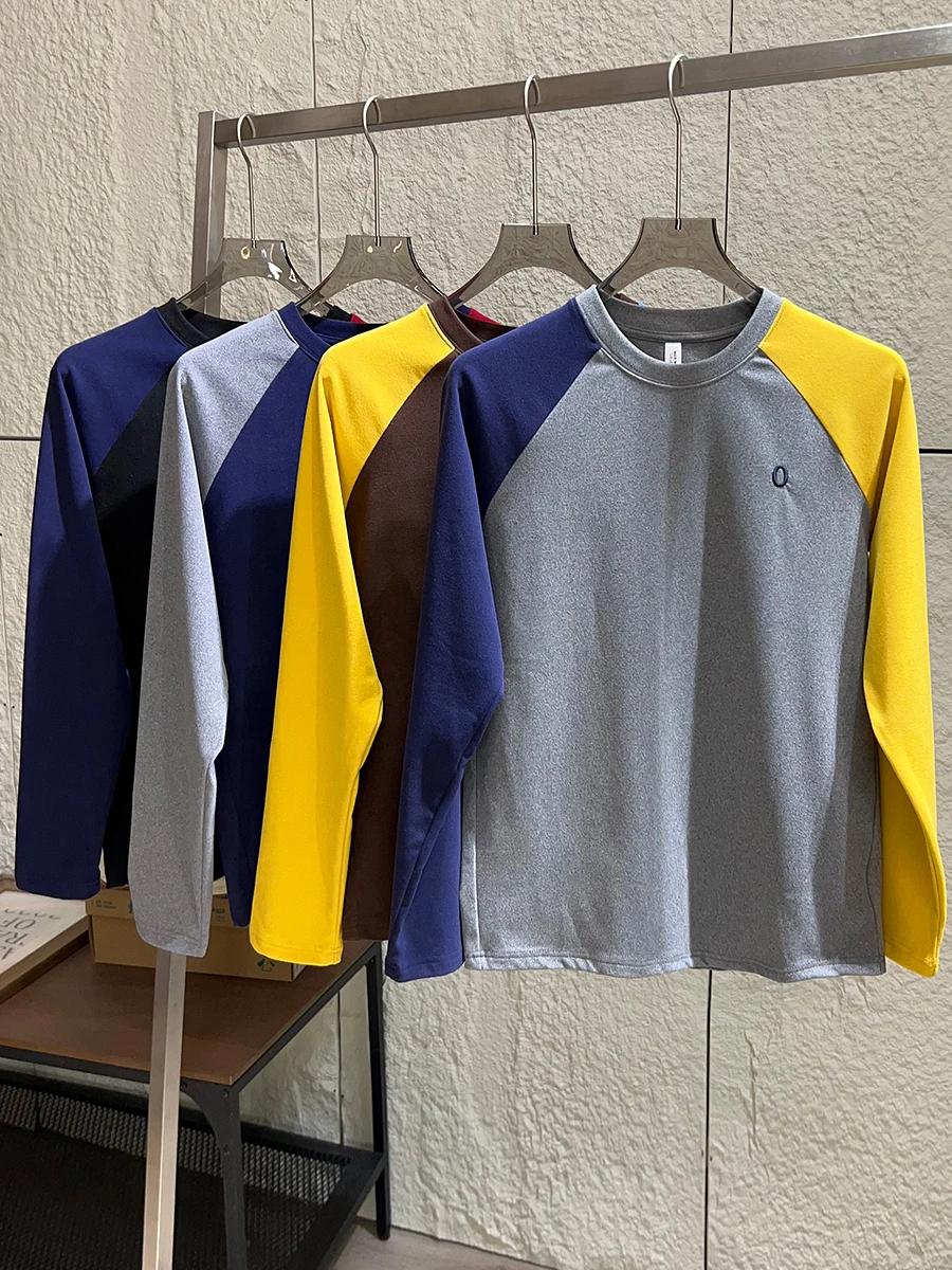 Color Block Shoulder Sleeve T-Shirt Double Sided German Velvet Sporty Long Sleeve round Neck Base Shirt for Men And Women