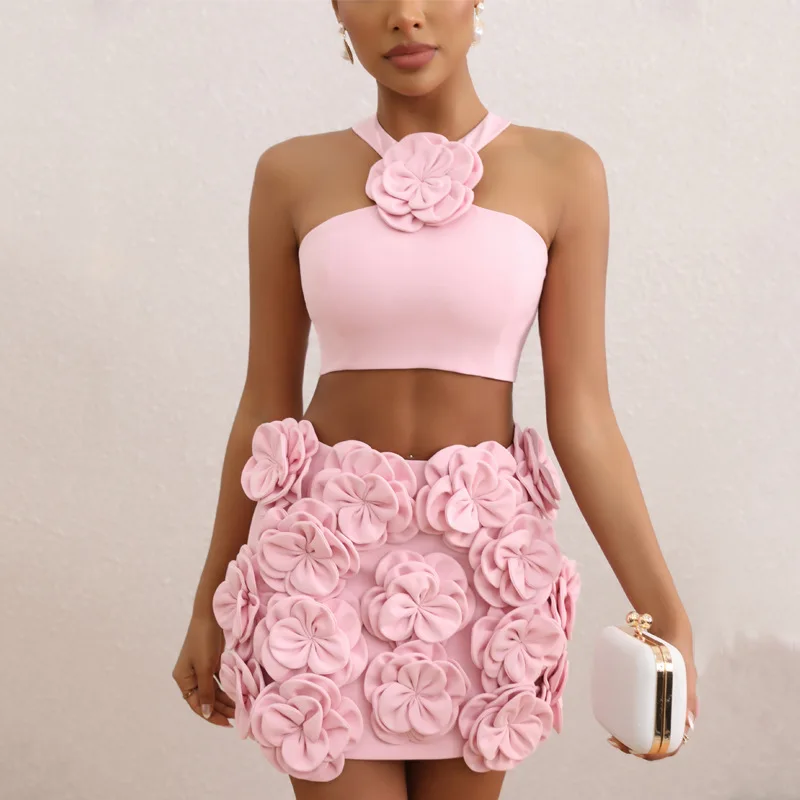 

High end sexy banquet party dress set, top hanging neck decoration, flower dress, temperament, short skirt two-piece set