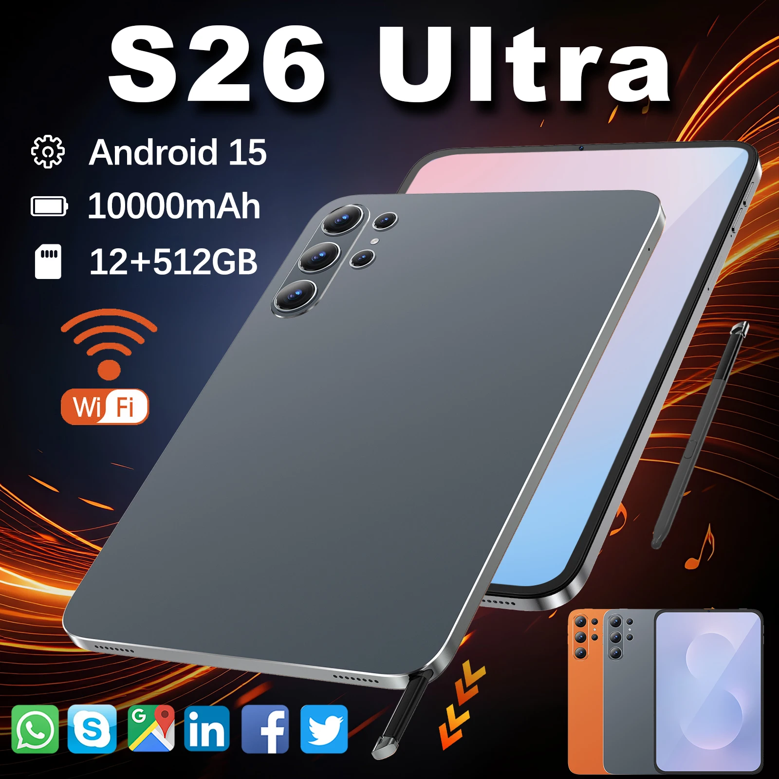 New S26 Ultra Tablet Android 15 Global Version 12GB+512GB 10.1'' Tablet 10000mAh Battery Dual SIM Card 5G WiFi GPS HD 4K Tablet