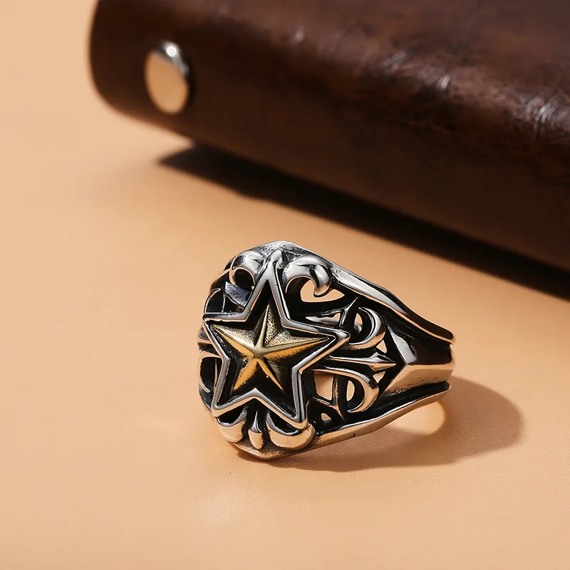 

S925 pure silver men's pentagram open ring, Thai silver punk style index finger single ring, trendy heavy industry style