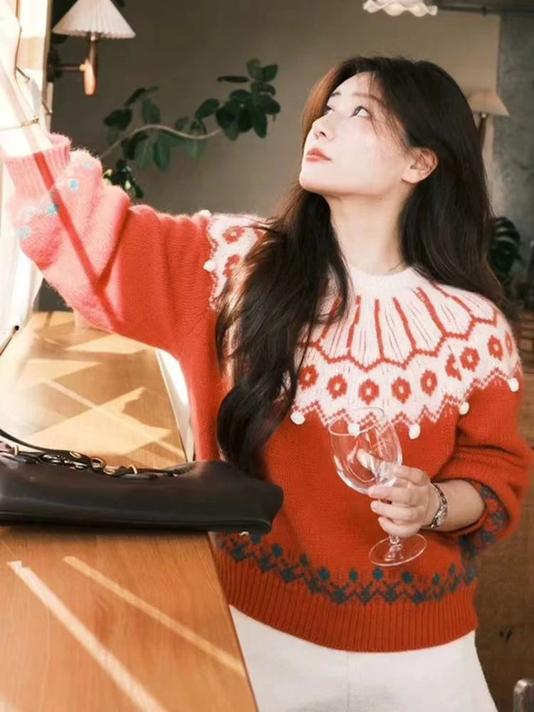 

Retro Nordic Women's Knitwear Loose Fit Thiened Hoodie Sle Long Sve round Ne Warm Casual Faion Autumn Winter New A...