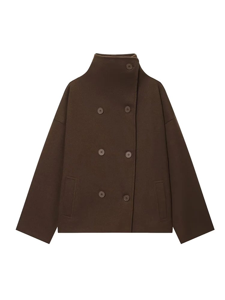 Tfmln novas mulheres sólido gola alta casacos de lã estilo simples bolsos duplos casacos casuais soltos jaqueta feminina commuter