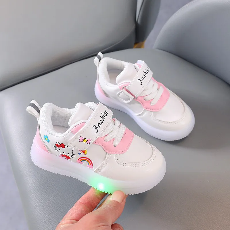 LED Kids Shoes for Girls Cute Cartoon Hello Kitty Shoes Baby Girl Kawaii Canvas Shoes Soft Bottom Sneakers Casual Shoes