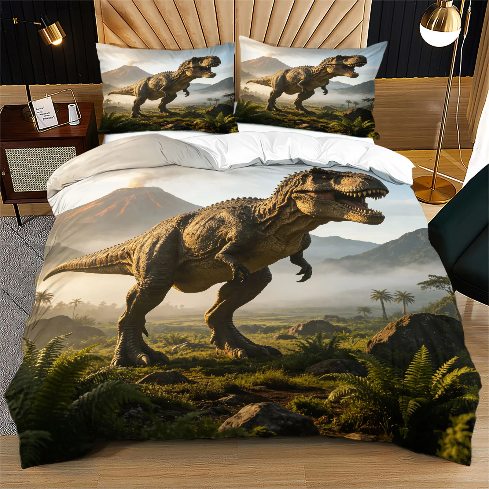 Tyrannosaurus‑Rex Duvet Cover Set Prehistoric Volcano Dinosaur Bedding Set Soft Microfiber Quilt Cover With Corner Ties Zipper