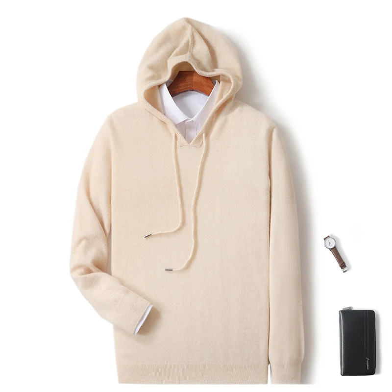 เสื้อสเวตเตอร์มีฮู้ดผู้ชายแบบใหม่สำหรับฤดูใบไม้ร่วงและฤดูหนาว ทรงหลวมและเข้ารูป ผ้าขนสัตว์ถักสีพื้น เสื้อซับใน