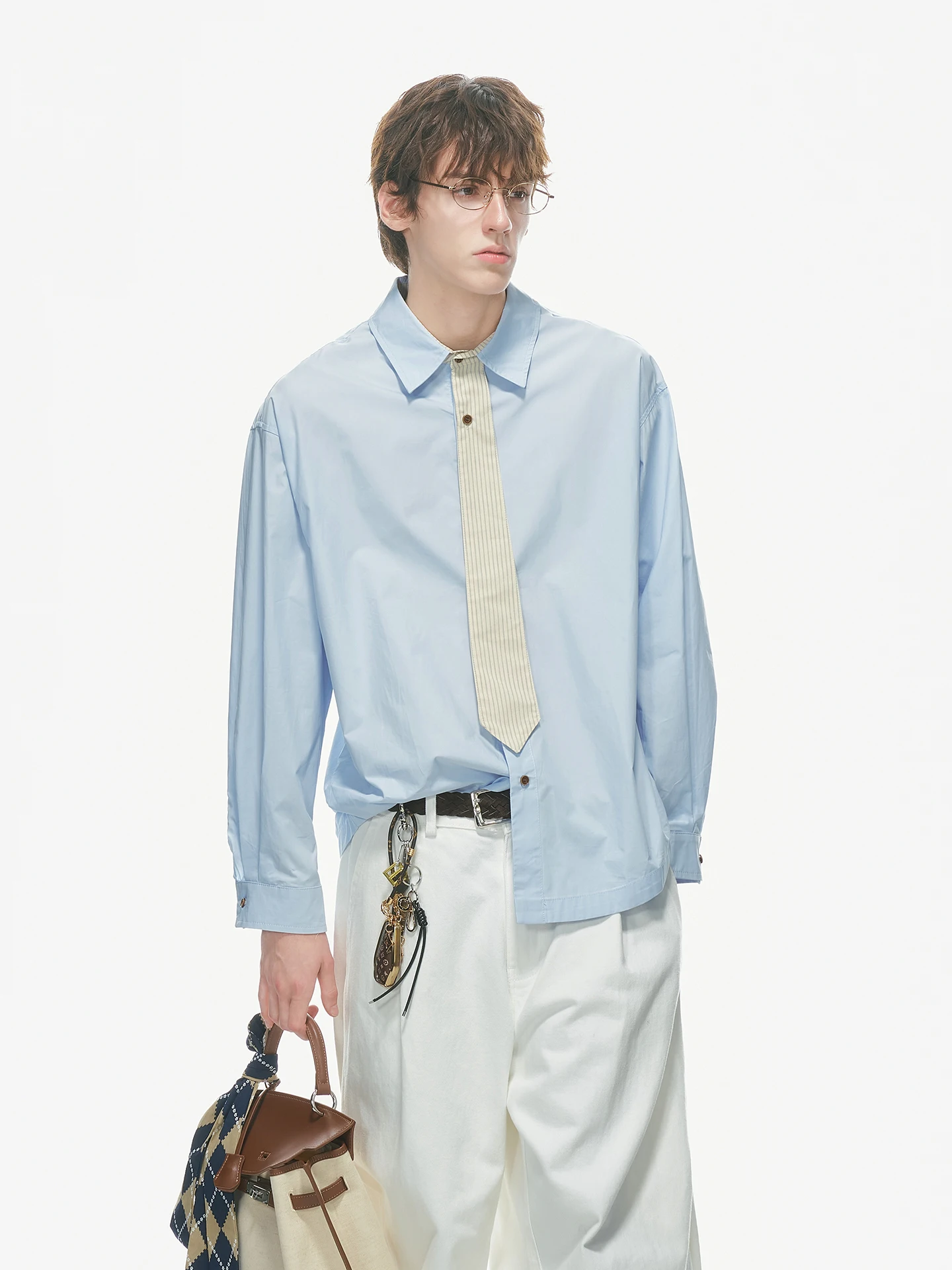 Dream Made Men's Striped Long Sleeve Shirt with Fake Bow Tie College Style Cotton Casual Fashion Spring Autumn 2026 New Model