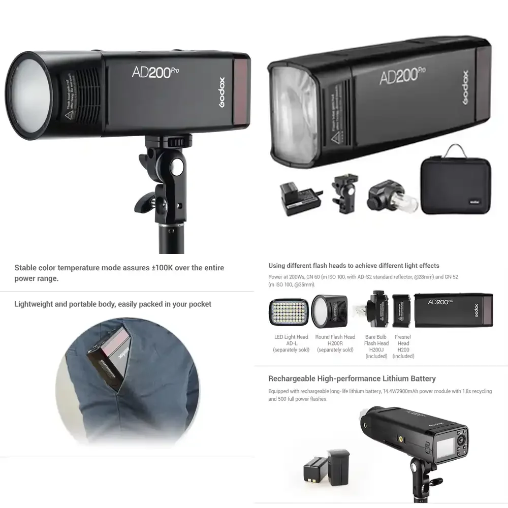 Go Dox Ad200 Pro Ii 200Ws 2.4G 1/8000 HSS 500 Full Power Camera Strobe Flash Light Speedlite with 2900mAh Battery