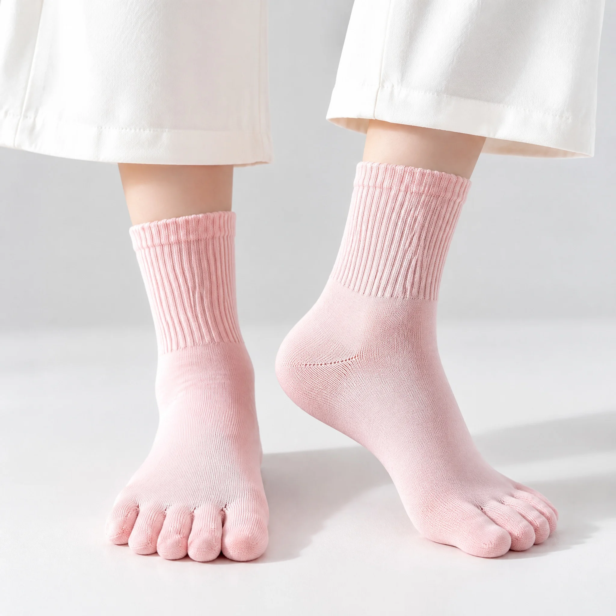 Cotton Five Finger Socks For Women, Solid Color Breathable Crew Socks, Comfortable Anti-Friction Split Toe Socks For Daily Wear,