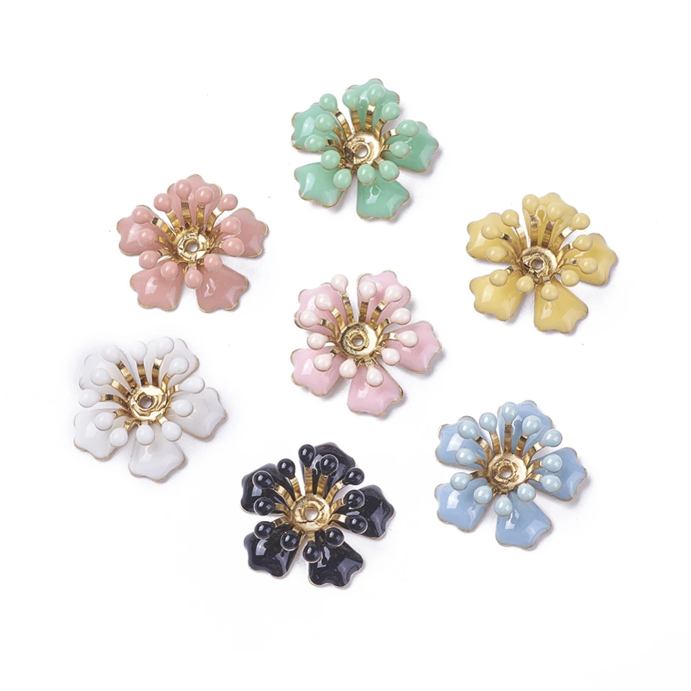 5PC 4 Style Brass Bead Caps with Enamel Flower Golden Mixed Color  Glossy Beads Caps High Quality DIY Jewelry Accessories